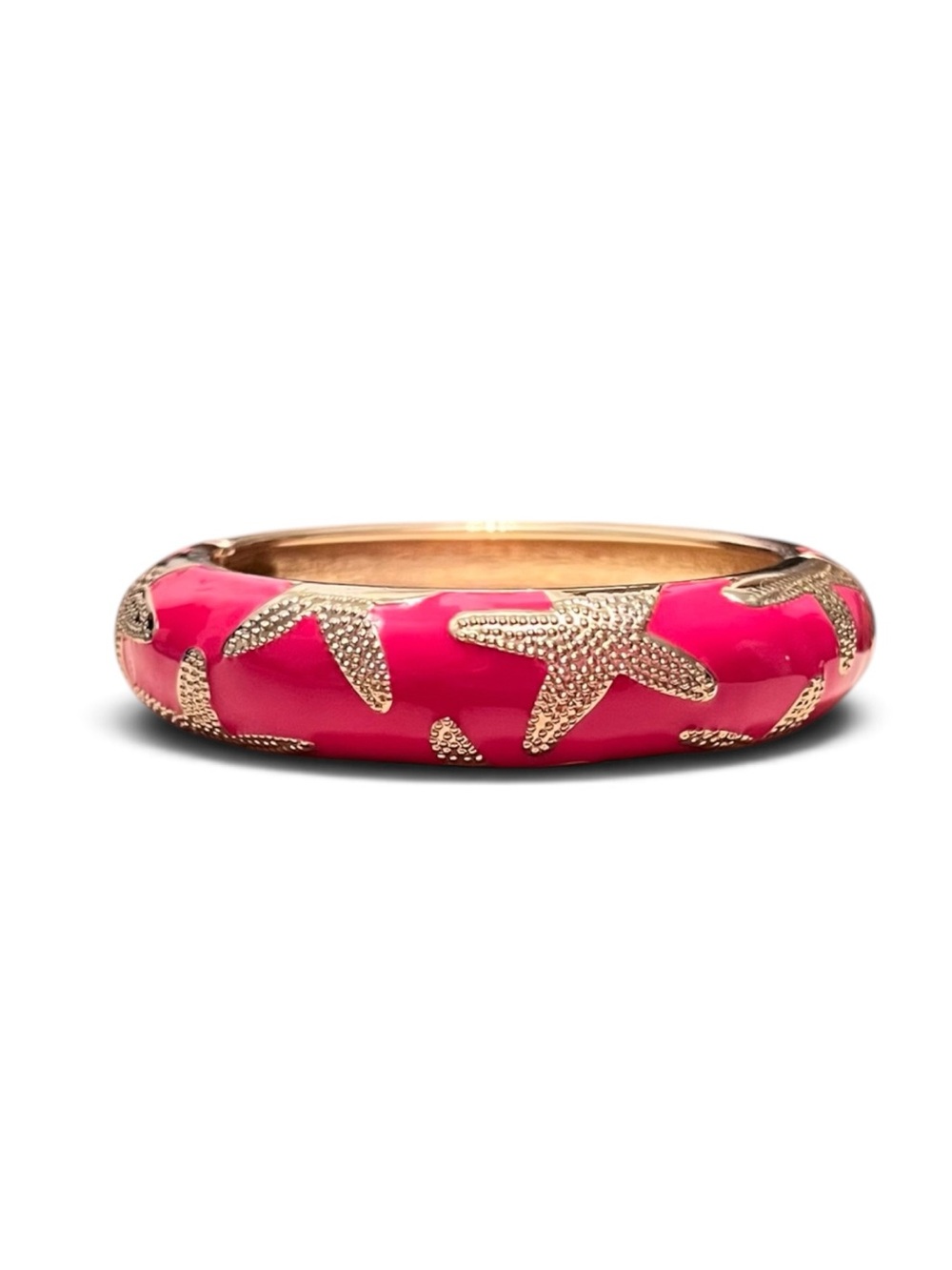 Pink Enamel Gold Textured Starfish Hinged Bangle Bracelet
